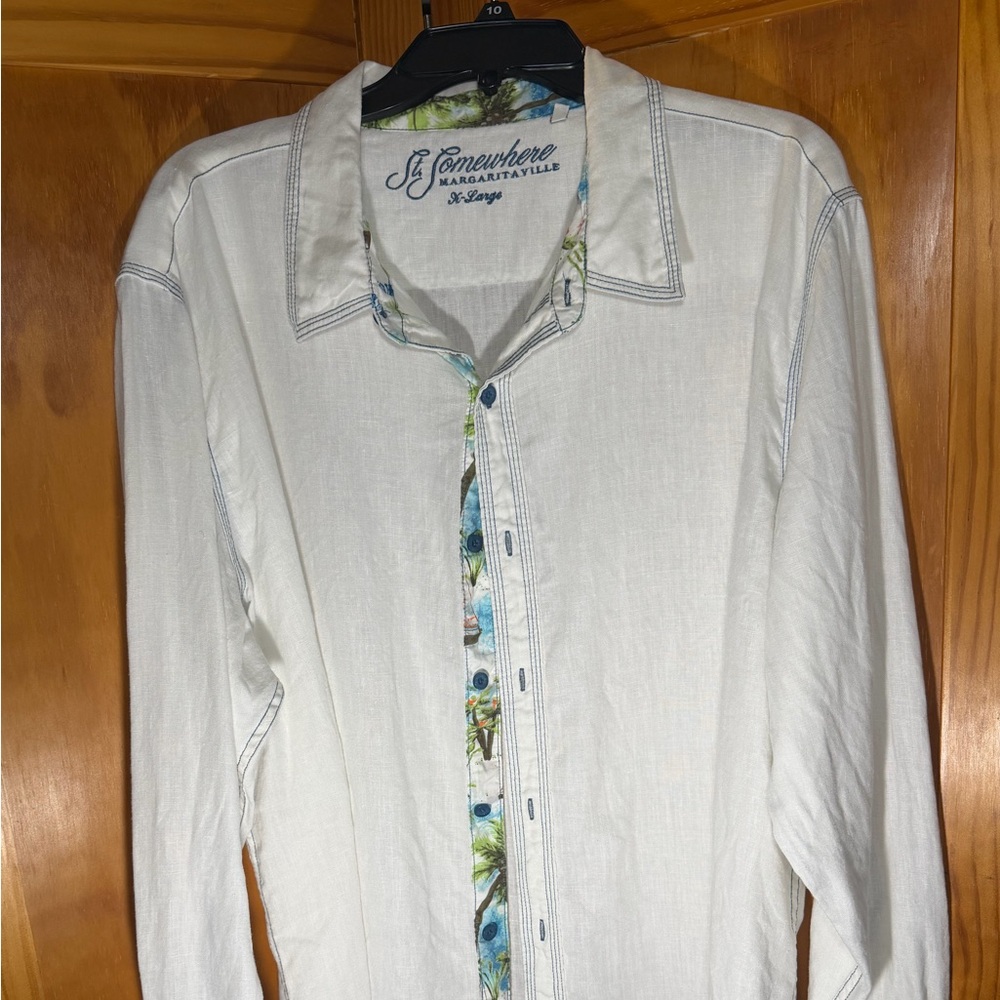 Margaritaville Cream Long-Sleeve, 100% Linen Button-Down with Tropical Placket